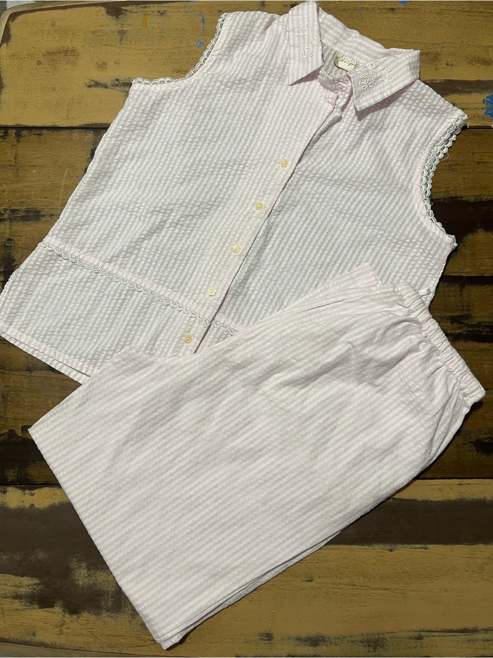 Vintage Whispers 90s Seersucker Pajama Set Cottagecore Coquette Lace Pink L